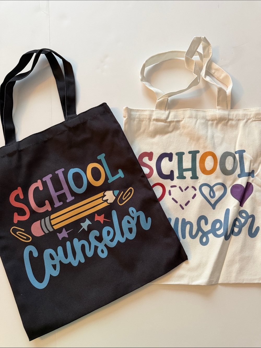 Two Canvas Counselor Tote Bags pencil BLACK CREAM - back to school gift NWOT